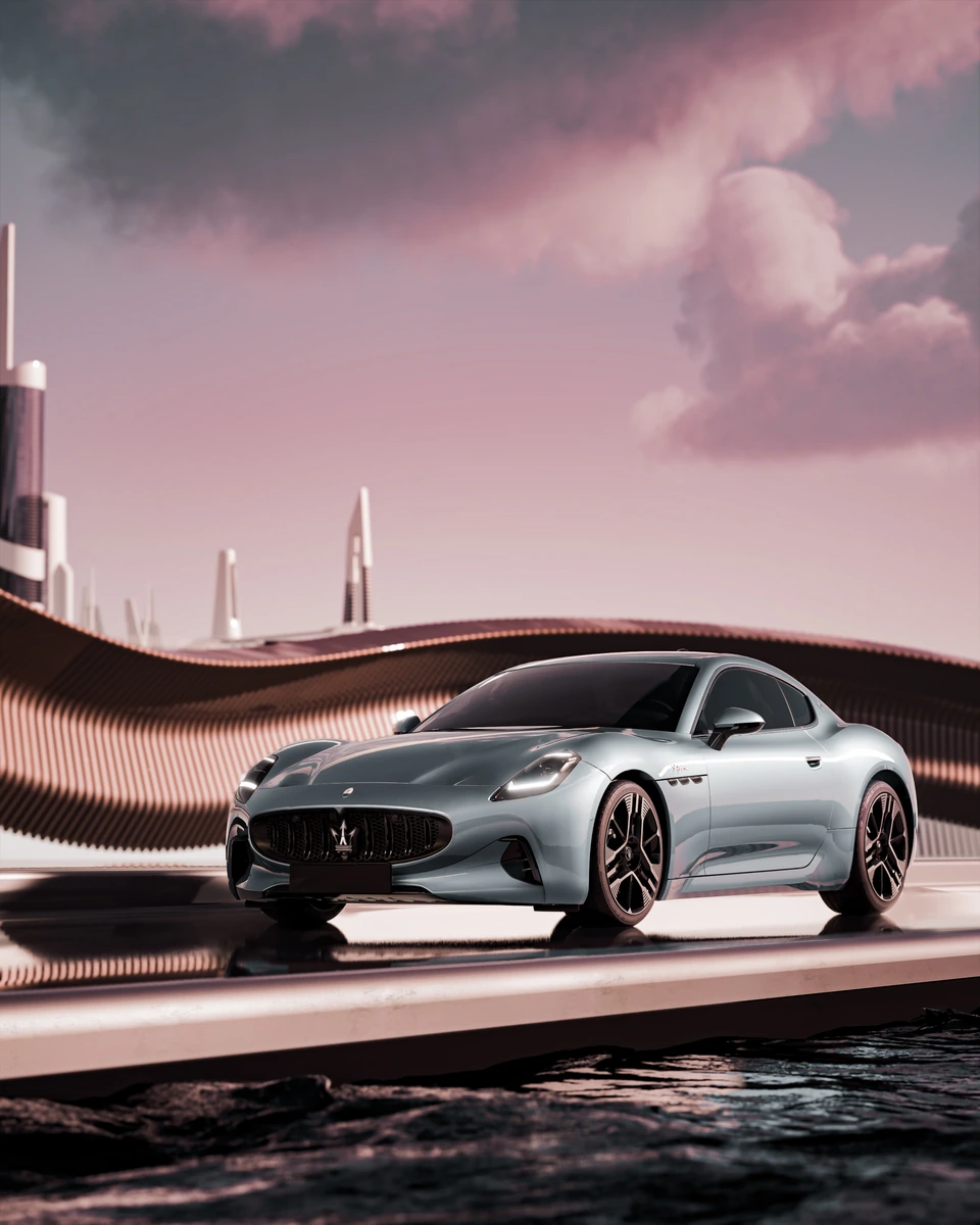 Maserati — exterior visualization in a sculptural waterfront setting