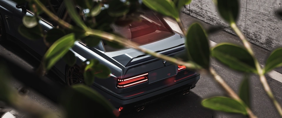 BMW — rear exterior framed by foliage